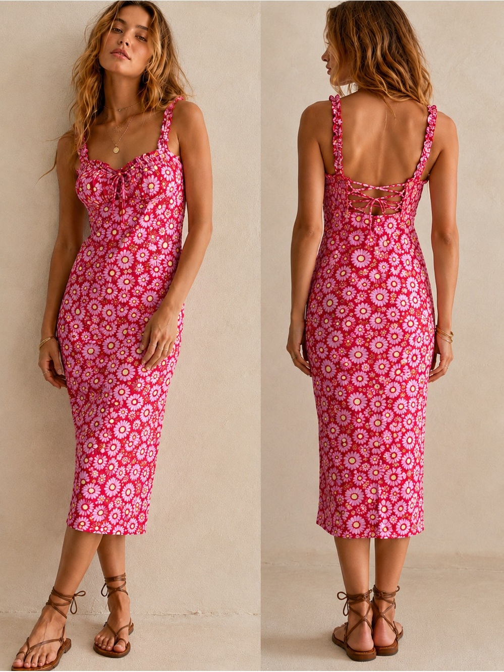 Free People Lucinda Tomato Daisy Floral Midi Dress